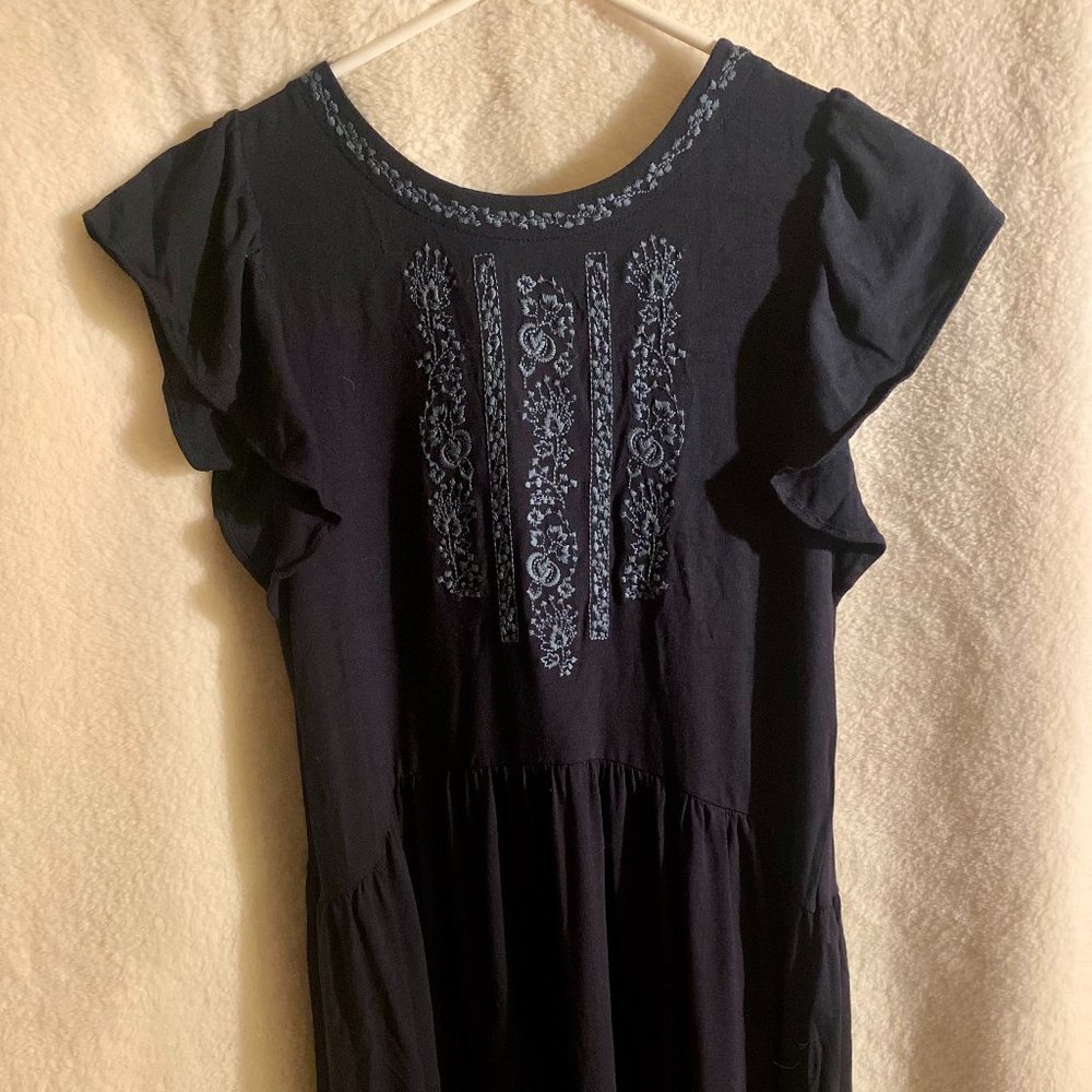 XS Loft Floral Embroidered Tie Back Swing Dress, Navy Blue